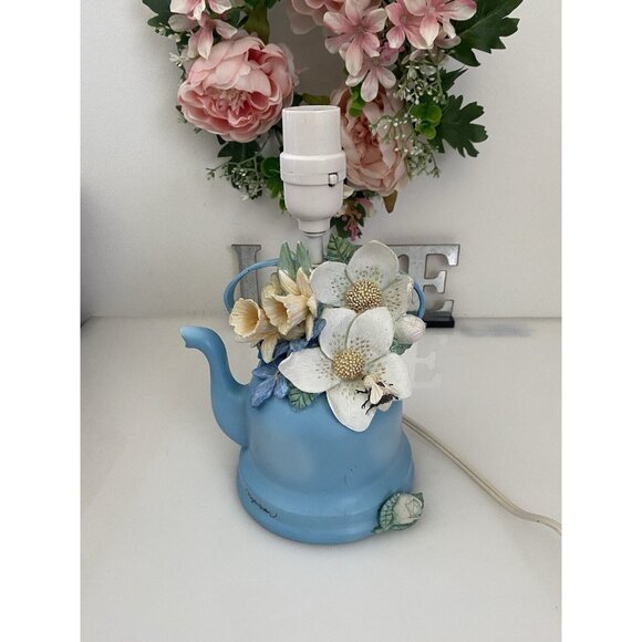 Vintage Marjolein Bastin Blue Tea Pot Table Lamp Bumble Bees Flowers Daffodils - Picture 7 of 16